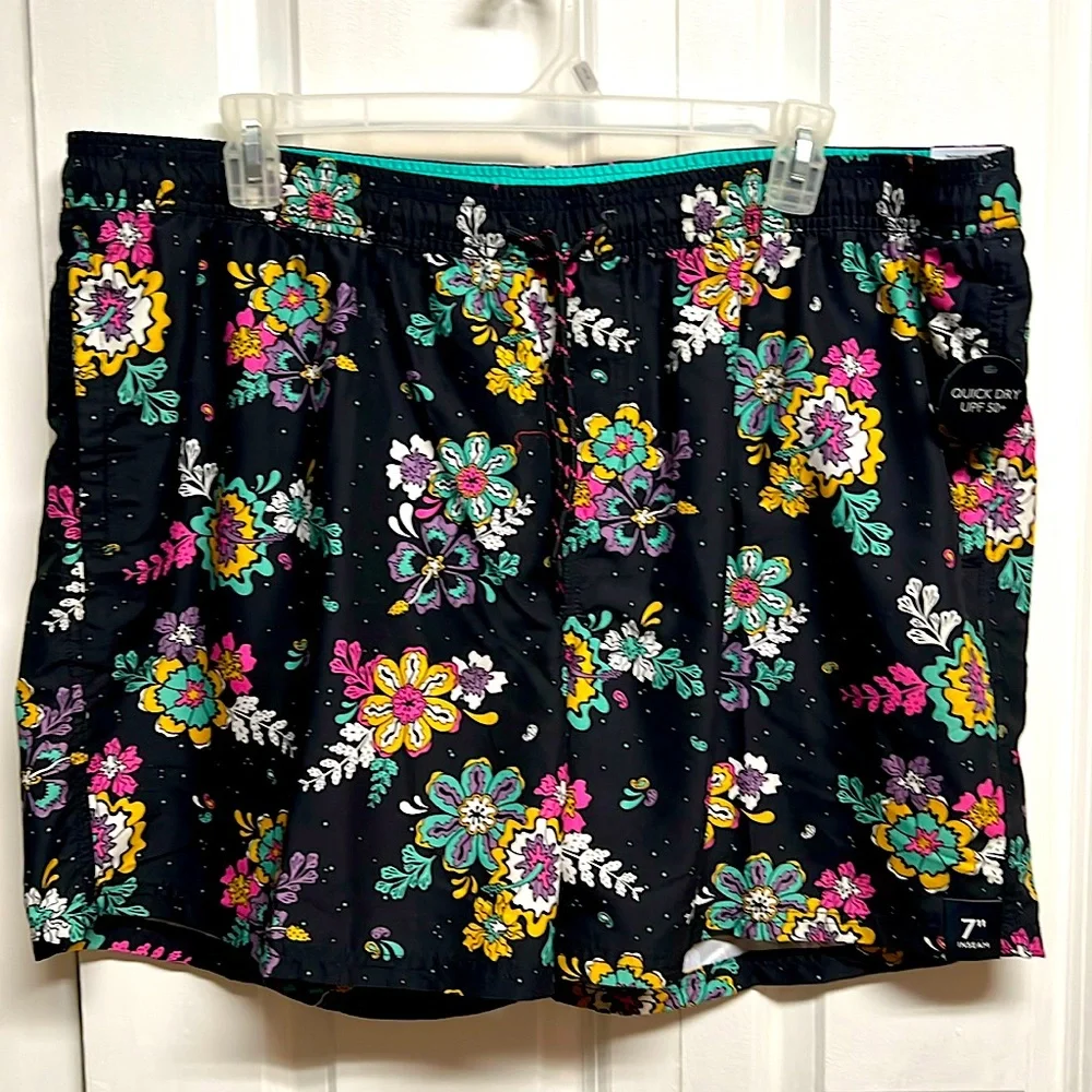 No Boundaries Black Floral Print Pocket Swim Trunks Size 2XL NWT